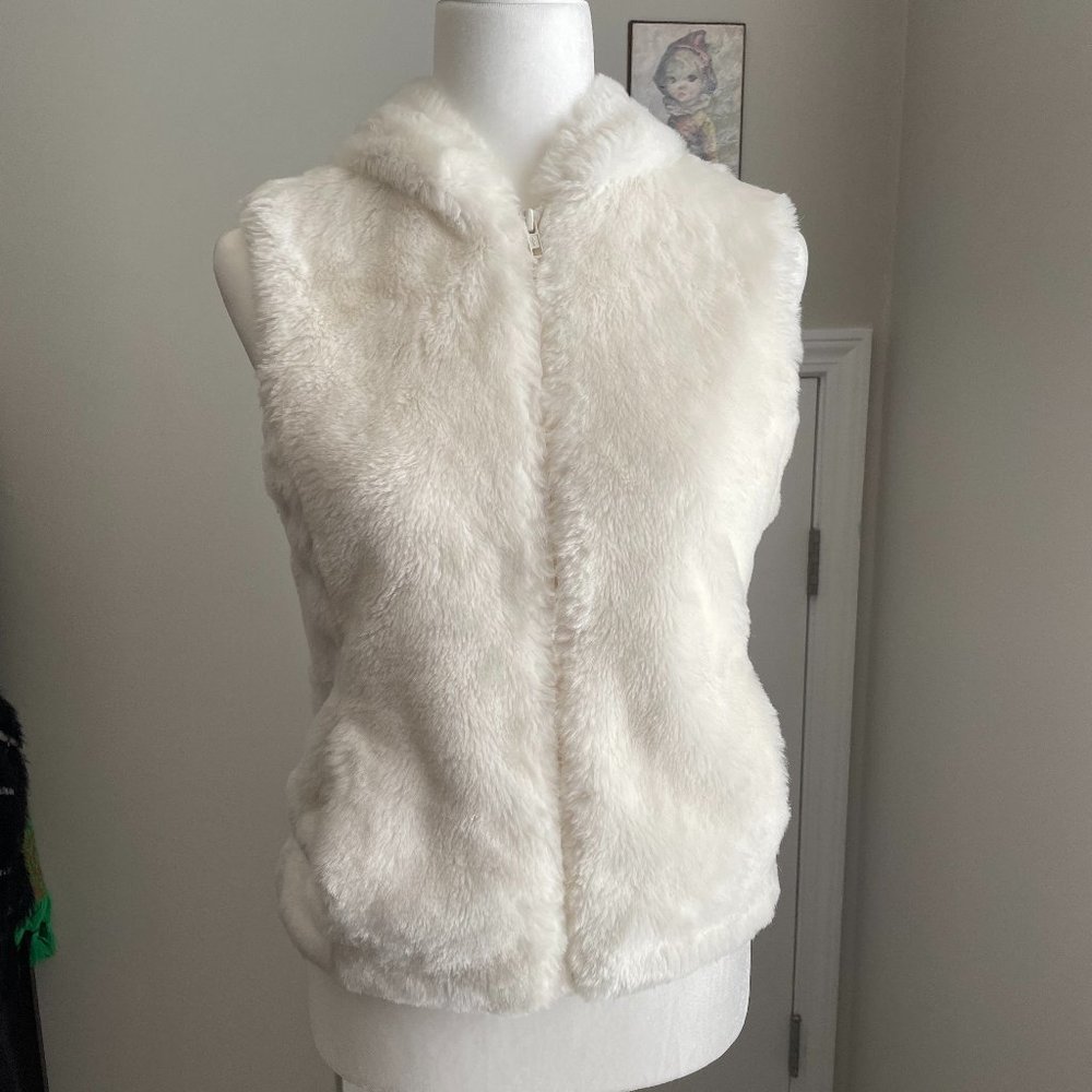 Vintage Express White Faux Fur Hooded Zip Up Vest - SzXS